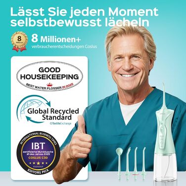 COSLUS Бездротова електрична зубна щітка-іригатор: 4 режими, 300 мл резервуар, для догляду за зубами та язиком, портативна, ідеальна для подорожей, зелений