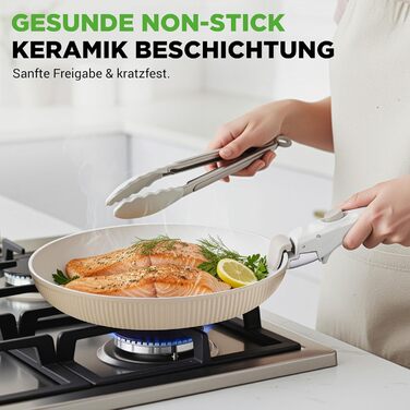 Набір посуду NutriChef 18 частин з кераміки кремового кольору з знімними ручками. Підходить для індукційних плит, всіх типів плит, духовок. Антипригарне покриття, компактний, можна складати.