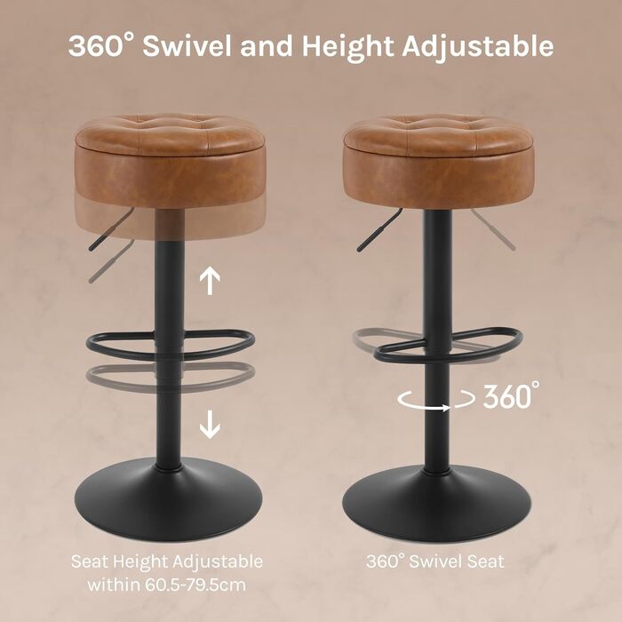 Барні стільці WOLTU 2 шт. з місцем для зберігання, регульовані по висоті, 360° обертання, для кухонної вишки, їдальні, бару, кухні, вітальні, штучна шкіра, метал, коричневий, вінтажний стиль