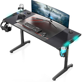 Ігровий стіл EUREKA ERGONOMIC з LED, 140x60 см. Стіл для геймерів з підсвіткою, органайзером для кабелів, тримачем для напоїв та навушників, чорний, X-Large