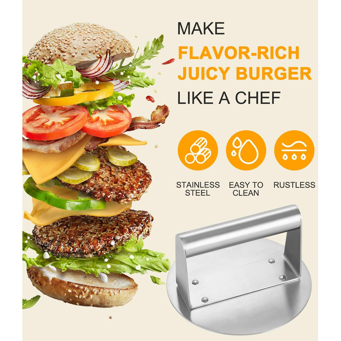 Прес для гамбургерів Zawaer з нержавіючої сталі, круглий прес для гамбургерів, легко миється, з антипригарним покриттям, для смачних гамбургерів, барбекю, можна мити в посудомийній машині