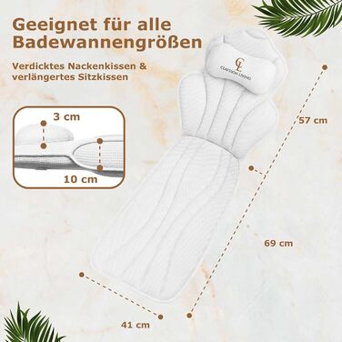 Подушка для ванни повне тіло (152x56 см) з підголівником (11 см) - біла. Підтримка шиї, спини та ніг. З сумкою для прання та подорожей, гачком для сушіння.
