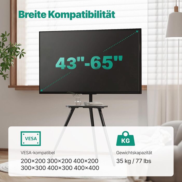 Підставка для телевізора 43-65 дюймів (LCD, LED, OLED) до 35 кг, регульована по висоті та поворотна, дерев'яна, з підносом, VESA 400x400 мм, чорний кований метал