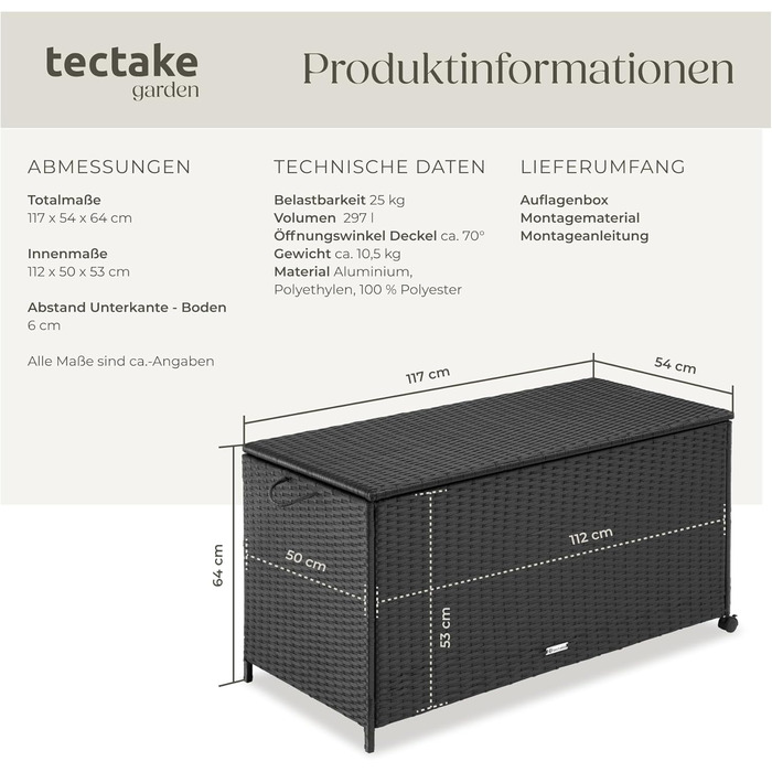 Скриня для саду Tectake з ротангу, чорна, 297л, водонепроникна, на колесах, для тераси та балкону 117x54x64 см