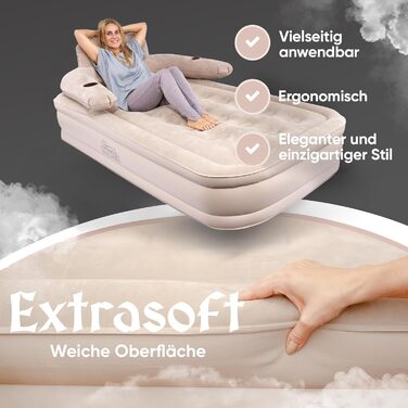 Надувне ліжко 3-в-1 | Гостьове та кемпінгове ліжко | Надувна матрац з електропомпою 150x200 | Самостійно надувна повітряна матрац (1 особа, Бежевий)