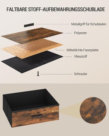 Приліжкова тумбочка Hzuaneri з LED-підсвіткою та функцією зарядки, 3 висувні ящики з тканини, USB-порти та розетки, для спальні/вітальні, чорний/коричневий, NS36301BEU, 1 шт.