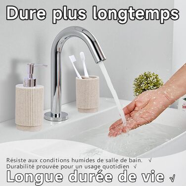 Набір для ванної кімнати 6-частинний: дозатор для мила, стакан для зубної пасти з підносом та коробочка для ватних паличок – смугастий дизайн, високоякісна смола. В комплекті: бежевий 4-частинний набір