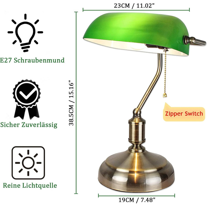 Банкірська лампа зелена маленька склянка, перемикач з тяговим ланцюгом, латунна основа для дому/офісу (C1)