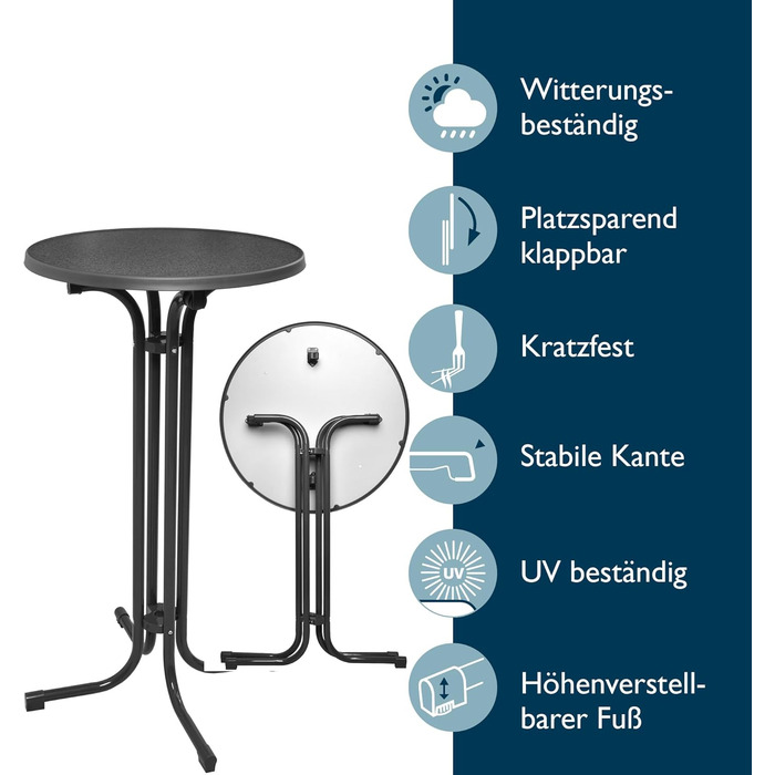 Стіл Beautissu розкладний Ø 70 см білий Bellini – стійкий, вологостійкий, з антиковзким покриттям. Ідеальний для відпочинку на відкритому повітрі, вечірок та барів. Легка збірка, готова до використання.