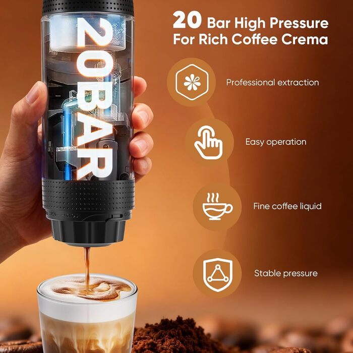 Hoyiyobi Міні кавомашина на акумуляторі, портативна еспресо-машина, 3-в-1 для дому, офісу та подорожей