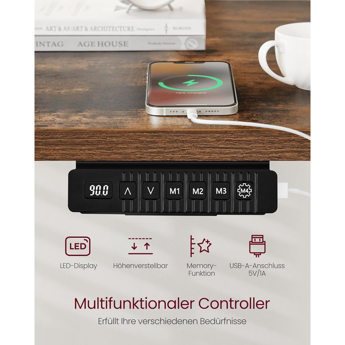 Електричний регульований стіл VASAGLE, 60 x 140 см, висота 72-120 см, 4 пам'яті, vintage brown, LSD174X01