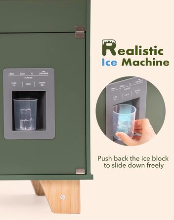 Дерев'яна дитяча кухня ROBOTIME Retro з аксесуарами, мікрохвильовка, диспенсер для льоду, шафка з ротангу, зелений колір, для дітей 3-8 років