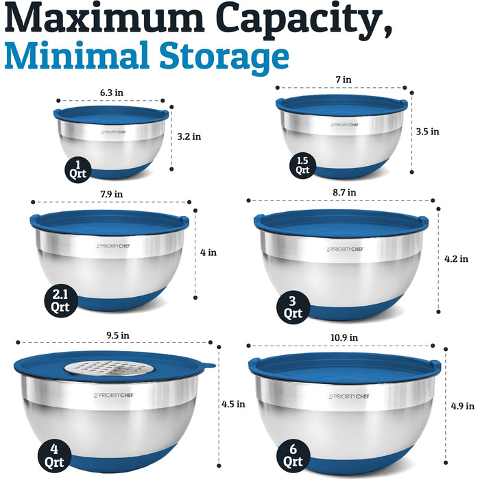 Набір місок для перемішування Priority Chef (6 шт.) з кришками, нержавіюча сталь, з антиковзними днами, 3 тертки, блакитний