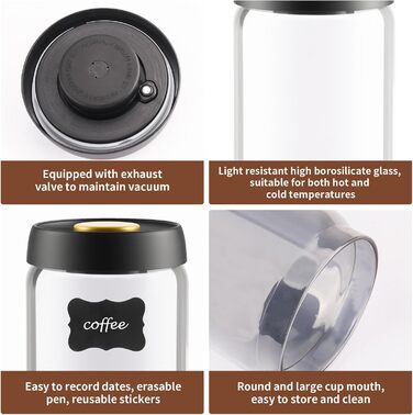 Герметичний контейнер для кави на 1,2 л зі скла, вакуумний, з чорною кришкою та золотою кнопкою. Підходить для кави, чаю, горіхів.