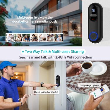 Відеодзвінок UCOCARE з камерою, 2K HD, Wi-Fi, ширококутний об'єктив, нічне бачення, водонепроникний IP66, підтримка SD/Cloud-пам'яті