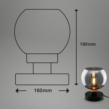Приліжкова лампа, димчасте скло, настільна лампа з кабельним вимикачем, настільна лампа E14 для домашнього офісу, лампа для читання, форма з чорного дерева - кругла
