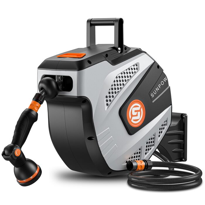 Шланг для поливу SUNPOW RollUp: автоматичний барабан з 10 функціональними розпилювачами, монтаж на стіну, поворот 180°, сірий (35м)