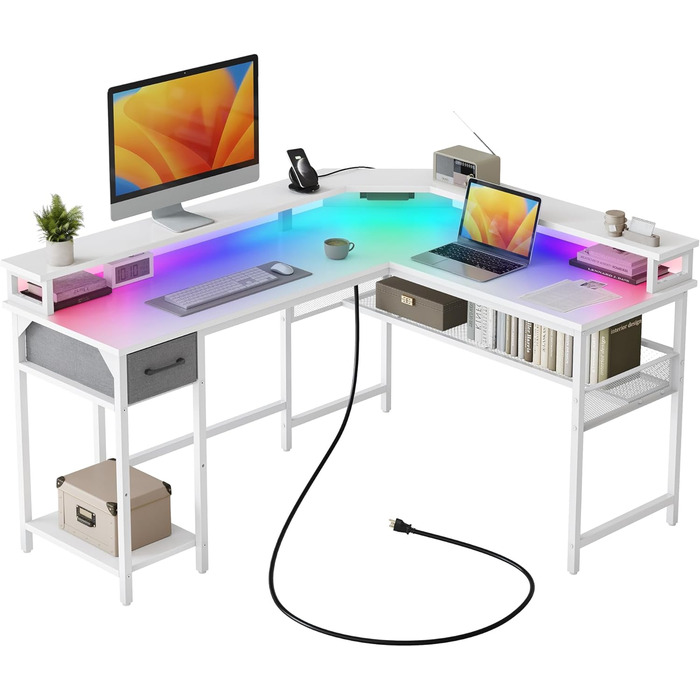 Комп'ютерний стіл CubiCubi L-подібний з розеткою, великий кутовий офісний стіл, коричневий (148 x 120 см) з LED підсвіткою