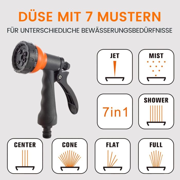 Спіральний шланг для поливу Giraffe Tools 35м + 2м з автоматичним підйомом, поворотний на 180°, з 7 насадками та під'єднувальним шлангом