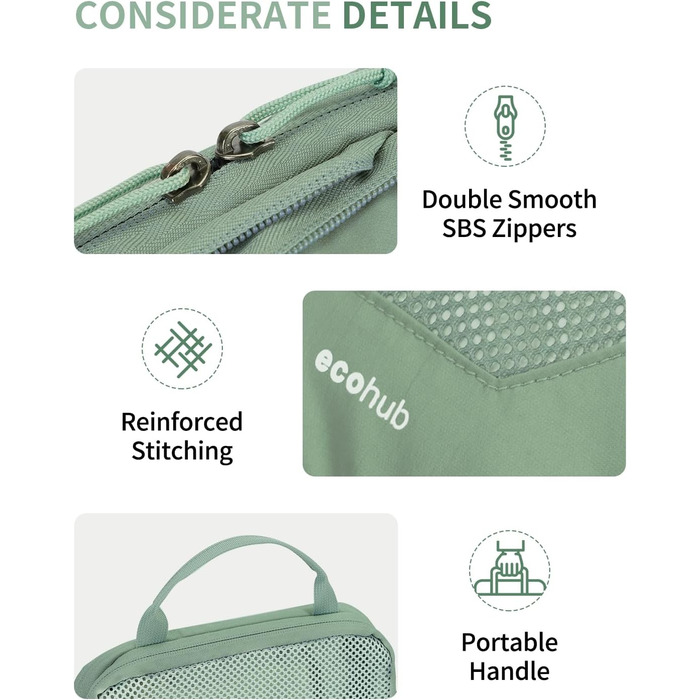 Набір компресійних органайзерів для валізи та рюкзака ECOHUB, 4 предмети, еко-серія з сіткою та бирками, зелений