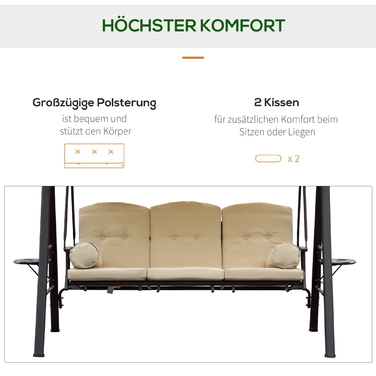 Гойдалка для трьох осіб у стилі Голлівуд з сонцезахисним навісом, бежево-коричнева, 121×208×172 см