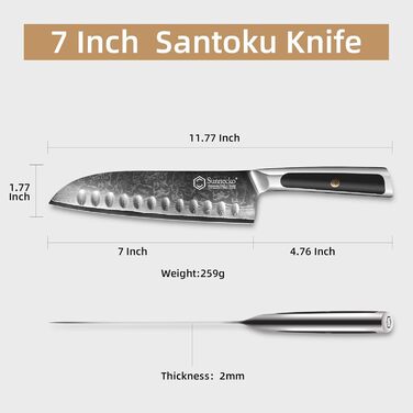 Ніж Sunnecko Дамаск - кухонний ніж. Гострий ніж з дамаської сталі. Азіатський універсальний кухонний ніж для дому та кухні з ергономічною ручкою (7 дюймів Сантоку)