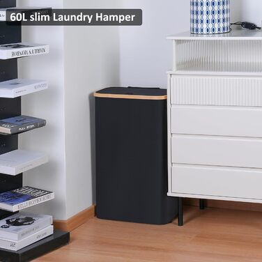 Кошик для білизни Merkisa 60 л з кришкою, високий, тканинний з бамбуковим ручками (чорний)