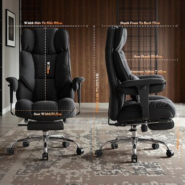 Ергономічний офісний крісло Efomao XXL до 200 кг з підставкою для ніг, чорний. Крісло для дому та офісу з товстою подушкою та високою спинкою.