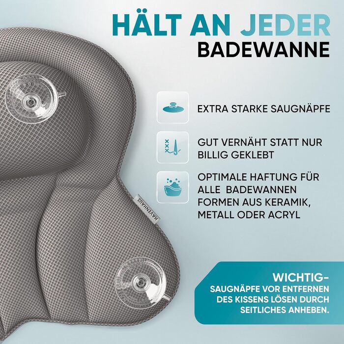 Подушка для ванни XXL преміум-якість сірого кольору | Додаткові подушки для шиї та плечей | Швидковисихаюча, пральна подушка для ванни з 4 великими присосками | Подушка для ванни XX-Large сіра
