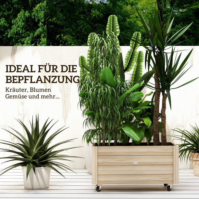 Підвищене грядка, стійке до погодних умов покриття, 4 колеса, натуральне дерево, 89 x 48 x 47 см