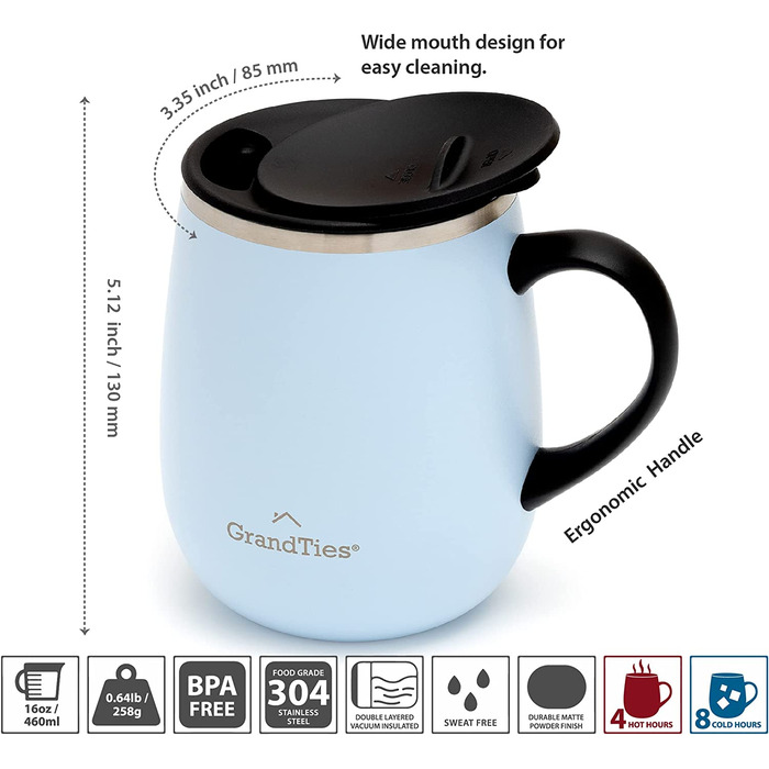 Термокружка Grandties з кришкою-ковзанням - 480 мл, з подвійних стінок з нержавіючої сталі, для гарячих та холодних напоїв | Зручний дизайн з ручкою, захист від розливання
