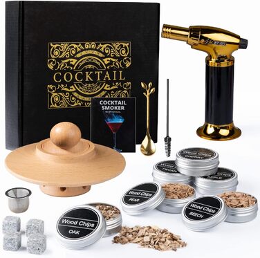 Набір для копчення віскі – Old Fashioned Cocktail, з 6 ароматичними дерев'яними чіпсами, 4 гранітними каменями для віскі, запальничкою та аксесуарами для любителів віскі та коктейлів (без бутану). Класичний набір