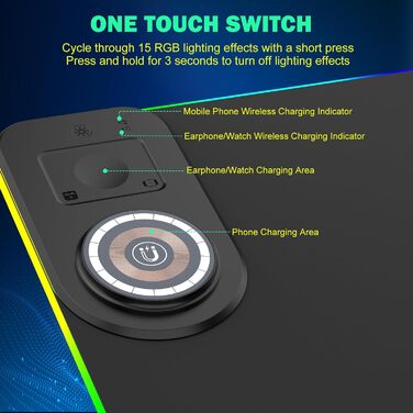 RGB ігровий килимок для миші з бездротовою зарядкою Qi 15W, LED підсвічуванням, 10 режимів, водонепроникний, протиковзкий, для геймінгу, офісу та дому (чорний)