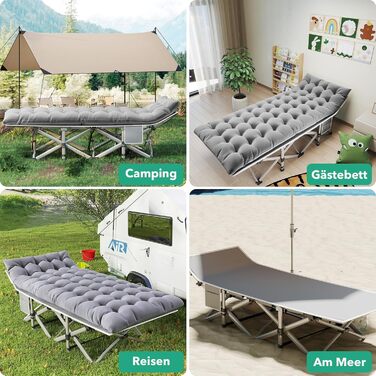 Розкладне ліжко для кемпінгу з матрацом та сумкою-переноскою, посилене (до 208 кг), XL 190x71x35 см, сіре