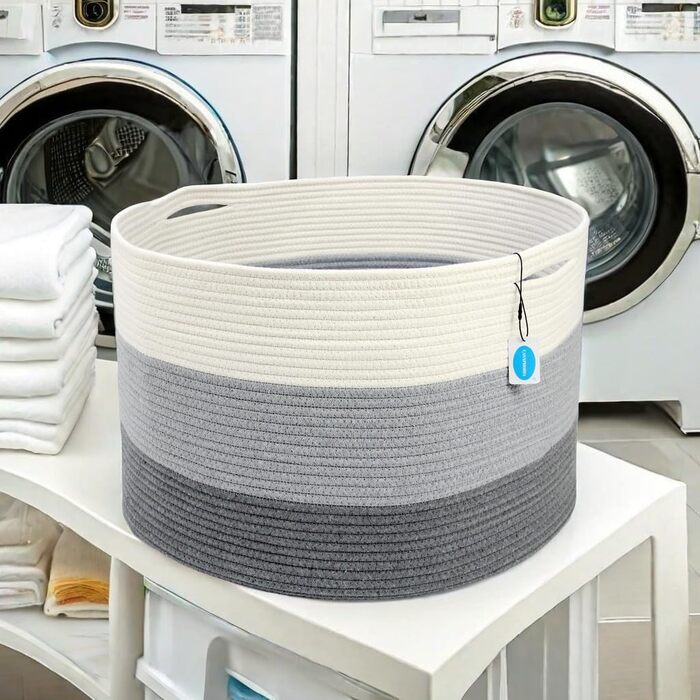 Кошик для зберігання Casaphoria з бавовняного шнура для вітальні, плетені кошики з ручками для ковдр, рушників та подушок, кошик для білизни, кремово-білий та коричневий (55,9 x 55,9 x 35,6 см, XXXL)