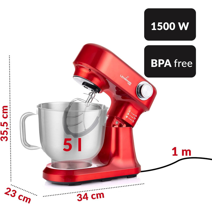 Кухонна машина Lehmann - планетарний міксер з набором аксесуарів - 3 насадки, кришка-розбризкувач, чаша 5л, 12 швидкостей, захист від перегріву, неслизька, червона