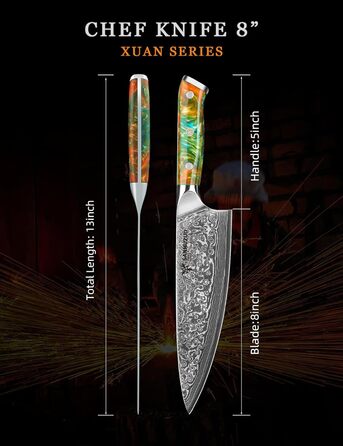 Ніж кухарський 20 см Xuan Серія VG10 Дамаський сталь - Ніж для кухні з ручкою з смоли (Фантастичний помаранчевий)