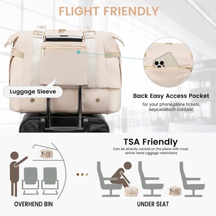 Спортивна сумка Lovevook для подорожей: жіноча дорожня сумка-шопер, сумка для вихідних з косметичкою, відділенням для взуття та мокрих речей, водонепроникна, 37л, бежева