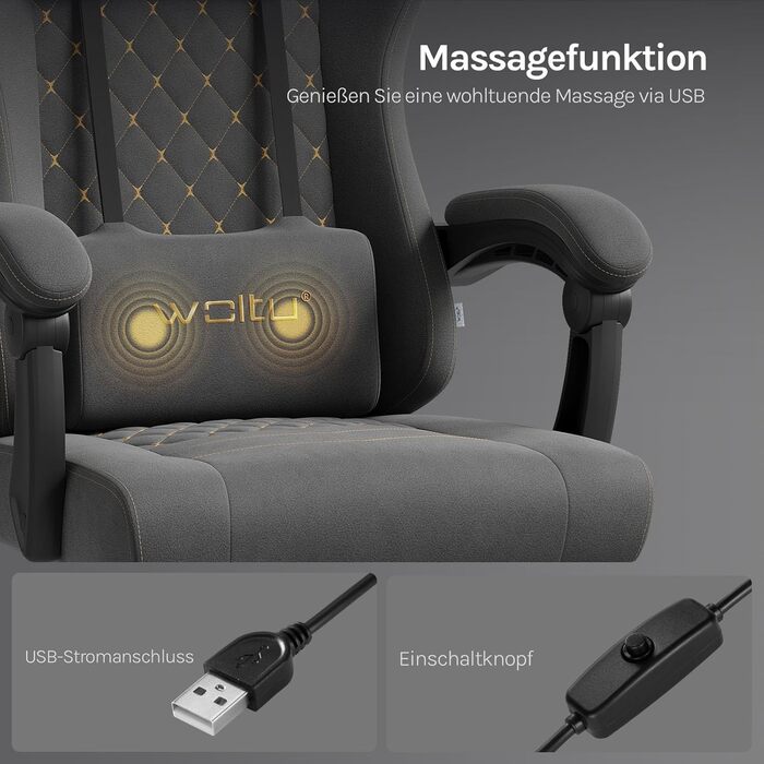 Крісло ігрове WOLTU з масажем, комп'ютерне ергономічне, з пружинним блоком, піддержка попереку, подушка для голови, підніжка, поворотне, 150 кг, сірий+жовтий