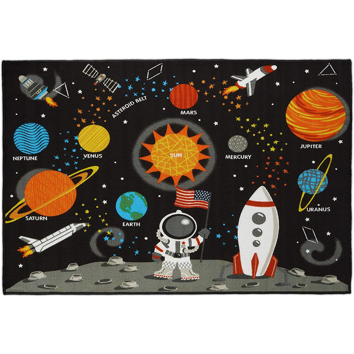 Дитячий килим з космічною тематикою 150x100 см, короткий ворс, протиковзке покриття, сонце і планета, Різнокольоровий