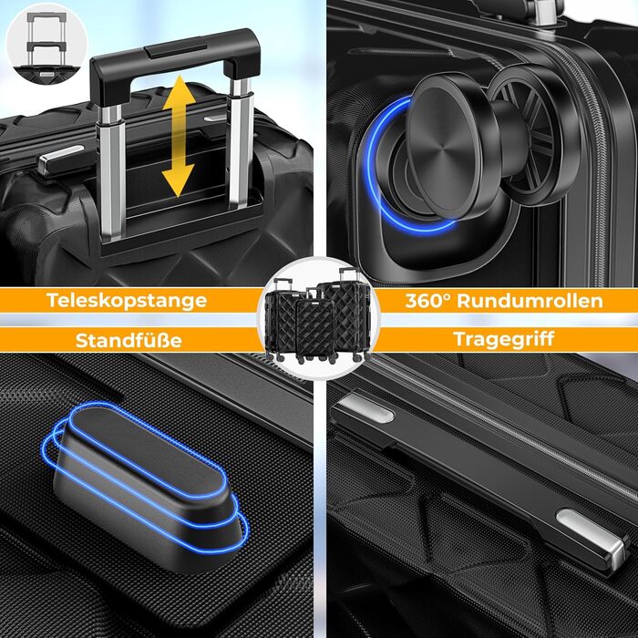 Набір валіз KESSER з 3-х предметів, ABS пластик, жорсткий корпус, з кодовим замком, вагами для багажу та дорожньою сумкою, колеса 360°, чорний