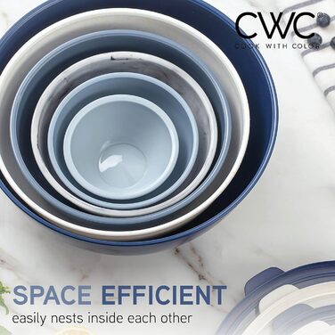 Набір мисок для змішування Cook With Color (12 шт.) з кришками TPR – 6 мисок для приготування їжі та 6 кришок, підходить для мікрохвильової печі (синій та білий)