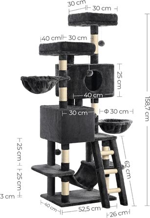 Котяче дерево 160 см, 2 платформи, 2 дупла, 2 кошики, гамак, плюшеві м'ячі, сходи з сизалю, дим сірий