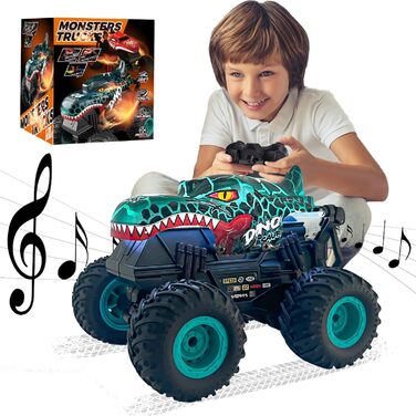 RC Monstertruck 1:20 2.4GHz Динозавр – Радіокерований позашляховик, 20 км/год, LED, Музика, для хлопчиків та дівчаток від 3 років, Зелений