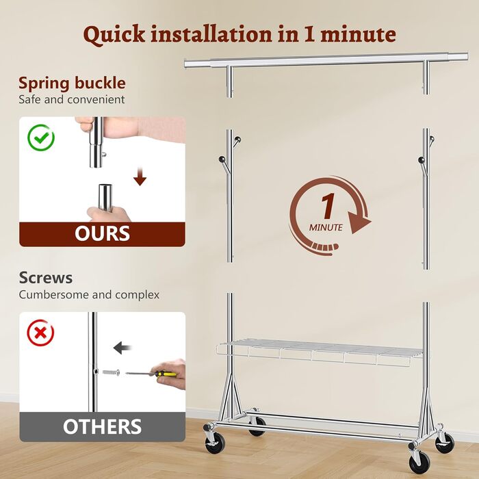 Металевий вішак для одягу на коліщатках FAVOOOSTY, 200 кг, мобільний, швидка установка, 1 стійка