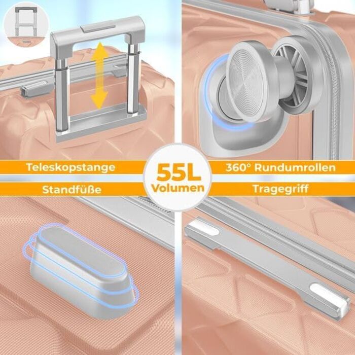 Чемодан KESSER® 84L з ABS-пластику з кодовим замком, вагами та органайзером | Валіза на колесах для подорожей та бізнесу (Nude Grey, 55 см)