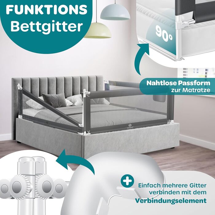 Захисний бортик для ліжка KESSER 180 см сірий: сітка, складаний, регульований, захист від випадання для дітей та малюків