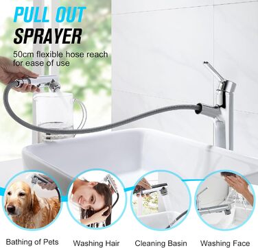 Сучасний змішувач для ванної кімнати CREA з висувною лійкою, 2 режими струменя, з міді, хром, для умивальника