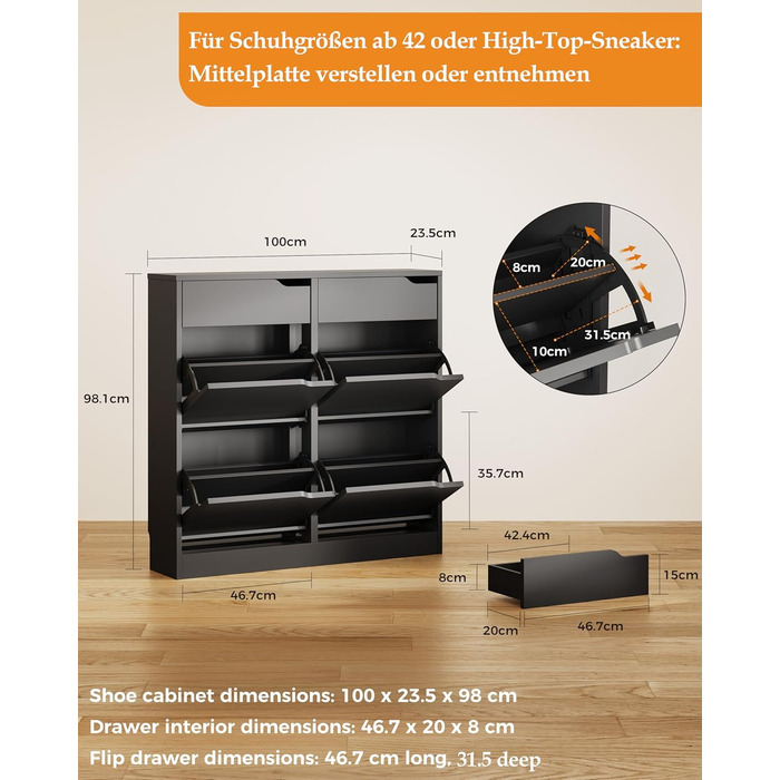 Шкаф для взуття IRONCK з 4 дверцятами, вузький, з 2 висувними ящиками, окремо стоячий, з регульованими перегородками, для передпокою, входу та вітальні (Білий) Білий (100x23.5x98см, Чорний)