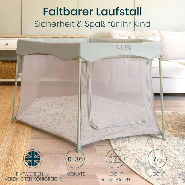 Дитячий манеж Tutti Bambini Laufstall - складаний, з сіткою 360°, швидким складанням, дверцятами на блискавці, килимком та сумкою, 135 x 135 x 75 см (листяний зелений)